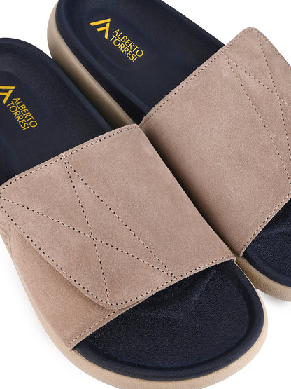 ALBERTO TORRESI Men Beige Suede Leather Adjustable Velcro Strap Comfort Slides