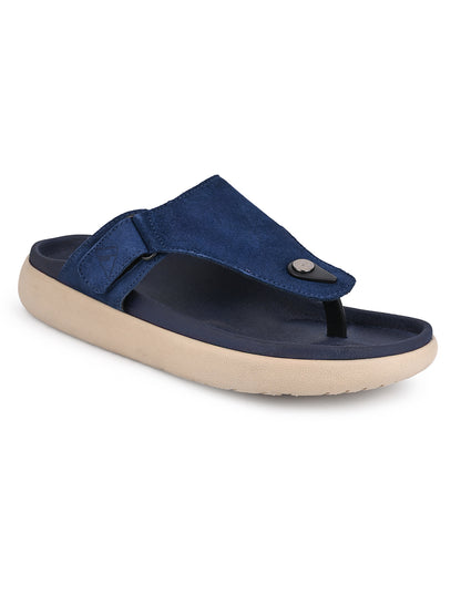Men Navy Blue Genuine Suede Leather Adjustable T-Strap Comfort Slippers