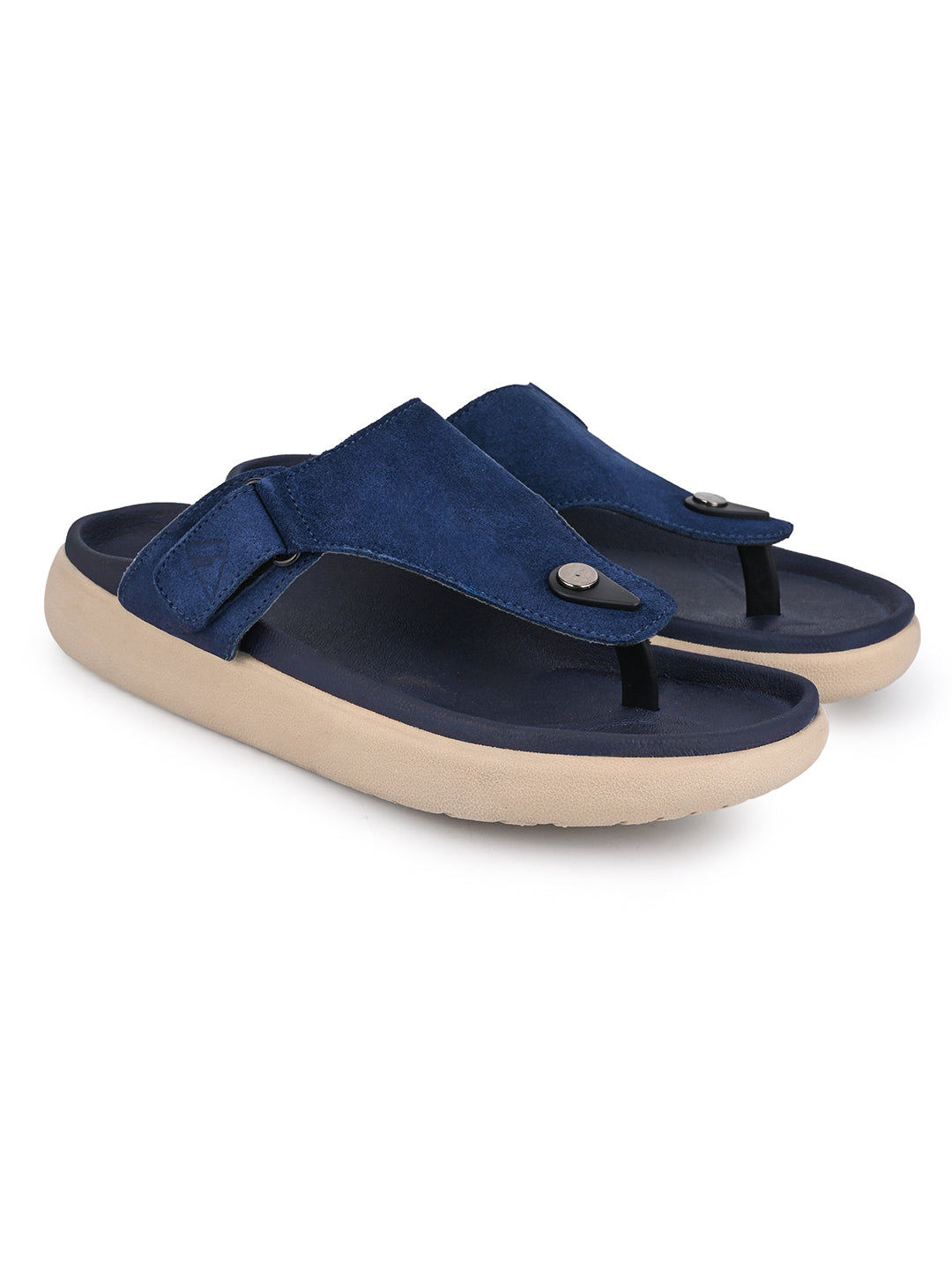 Men Navy Blue Genuine Suede Leather Adjustable T-Strap Comfort Slippers
