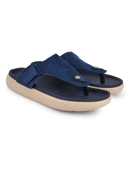 Men Navy Blue Genuine Suede Leather Adjustable T-Strap Comfort Slippers