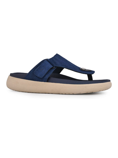 Men Navy Blue Genuine Suede Leather Adjustable T-Strap Comfort Slippers