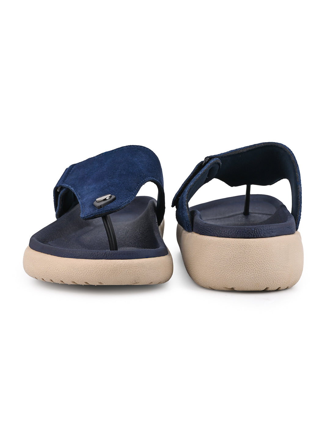 Men Navy Blue Genuine Suede Leather Adjustable T-Strap Comfort Slippers
