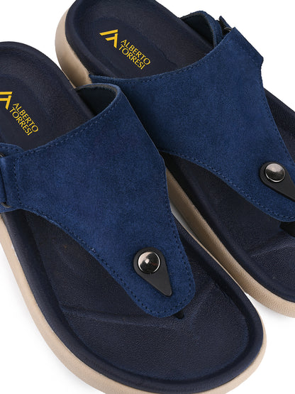 Men Navy Blue Genuine Suede Leather Adjustable T-Strap Comfort Slippers