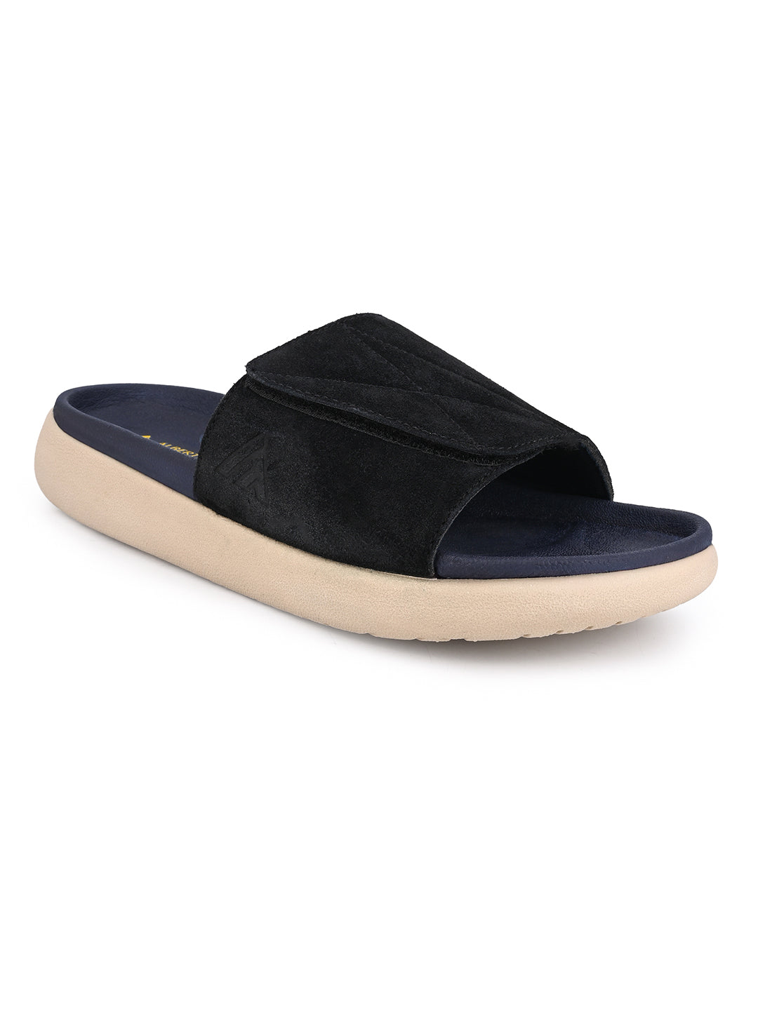 ALBERTO TORRESI Men Black Suede Leather Adjustable Velcro Strap Comfort Slides