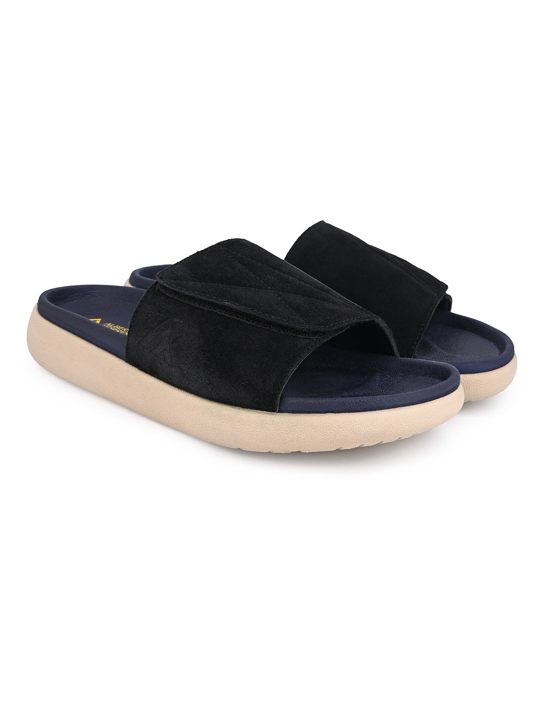 ALBERTO TORRESI Men Black Suede Leather Adjustable Velcro Strap Comfort Slides