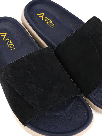 ALBERTO TORRESI Men Black Suede Leather Adjustable Velcro Strap Comfort Slides