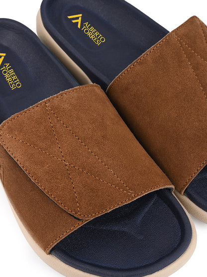 ALBERTO TORRESI Men Tan Suede Leather Adjustable Velcro Strap Comfort Slides