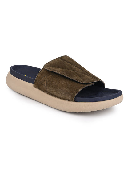 ALBERTO TORRESI Men Olive Suede Leather Adjustable Velcro Strap Comfort Slides