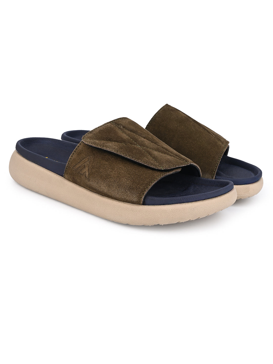 ALBERTO TORRESI Men Olive Suede Leather Adjustable Velcro Strap Comfort Slides