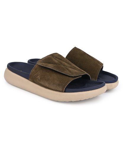 ALBERTO TORRESI Men Olive Suede Leather Adjustable Velcro Strap Comfort Slides