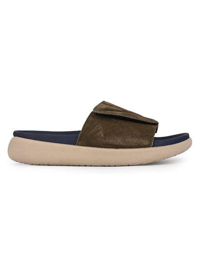 ALBERTO TORRESI Men Olive Suede Leather Adjustable Velcro Strap Comfort Slides
