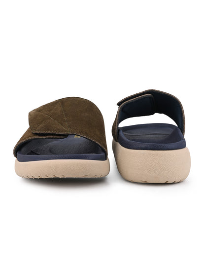 ALBERTO TORRESI Men Olive Suede Leather Adjustable Velcro Strap Comfort Slides