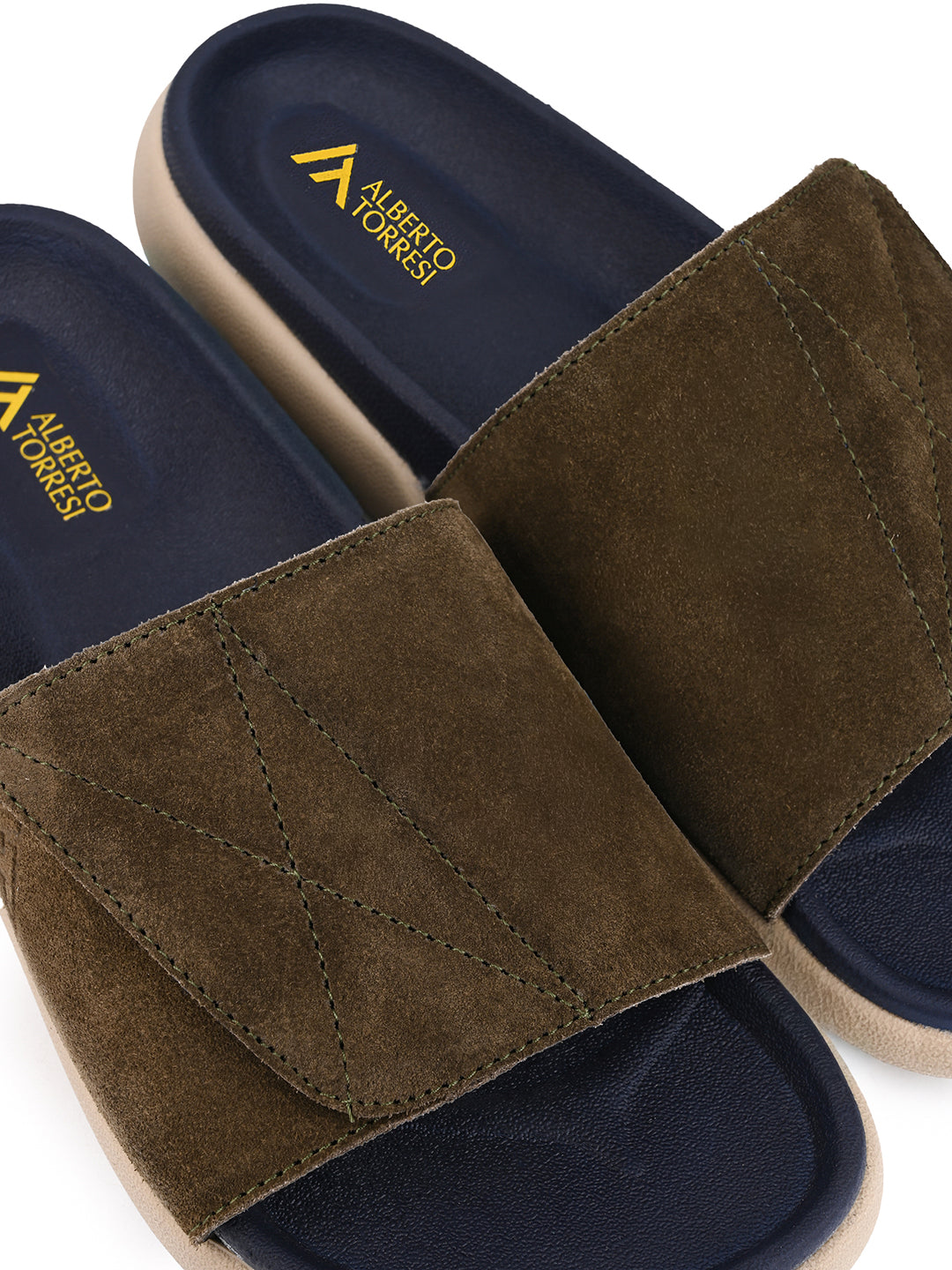 ALBERTO TORRESI Men Olive Suede Leather Adjustable Velcro Strap Comfort Slides