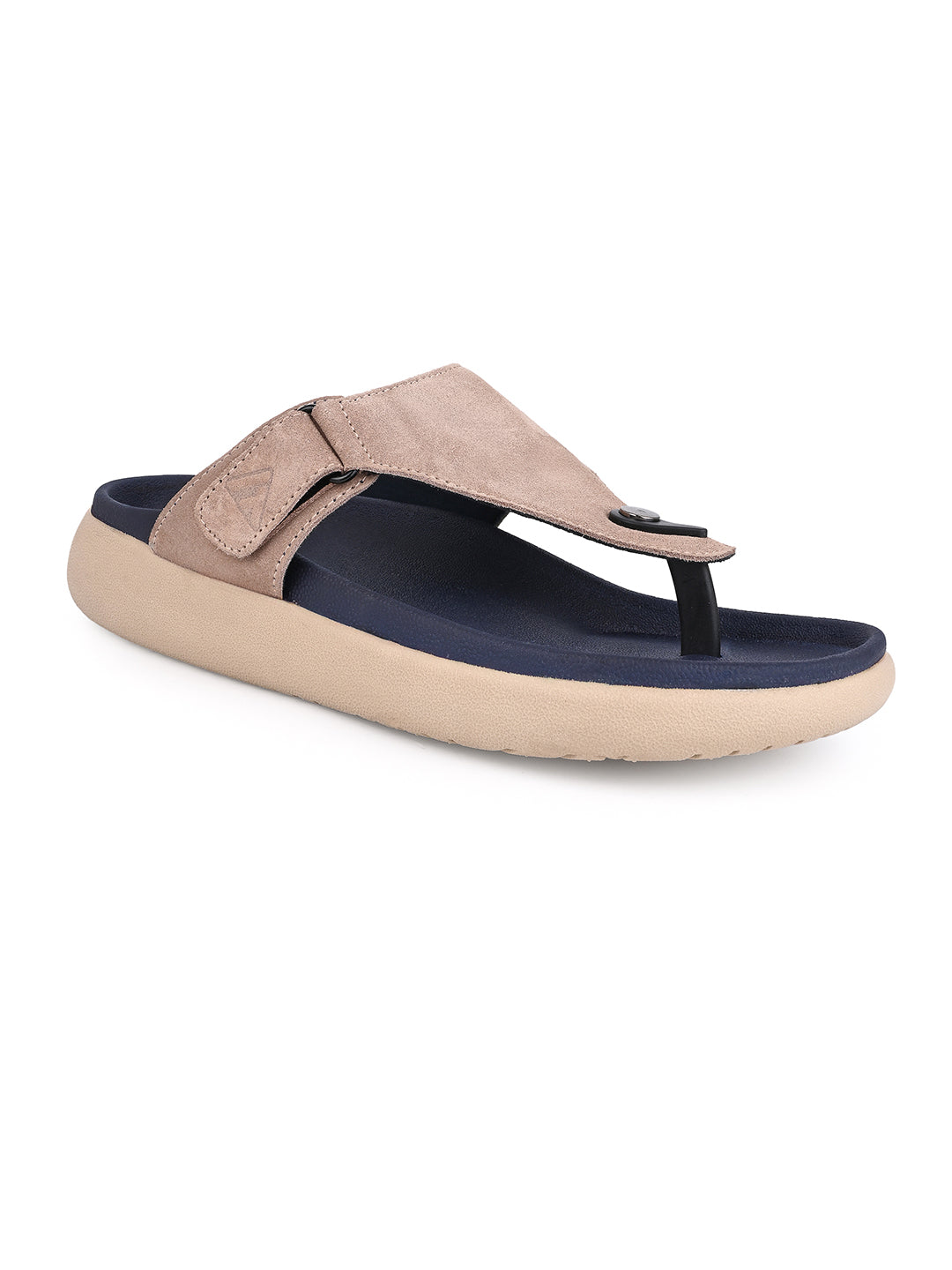 Men Beige Genuine Suede Leather Adjustable T-Strap Comfort Slippers