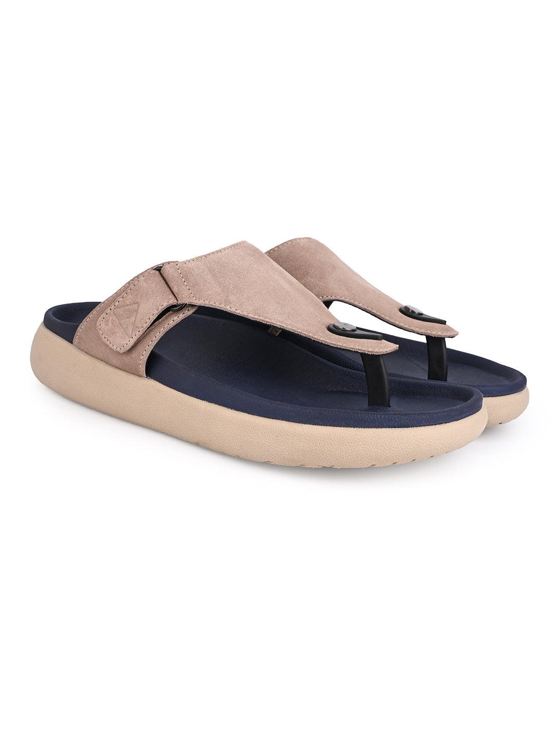 Men Beige Genuine Suede Leather Adjustable T-Strap Comfort Slippers