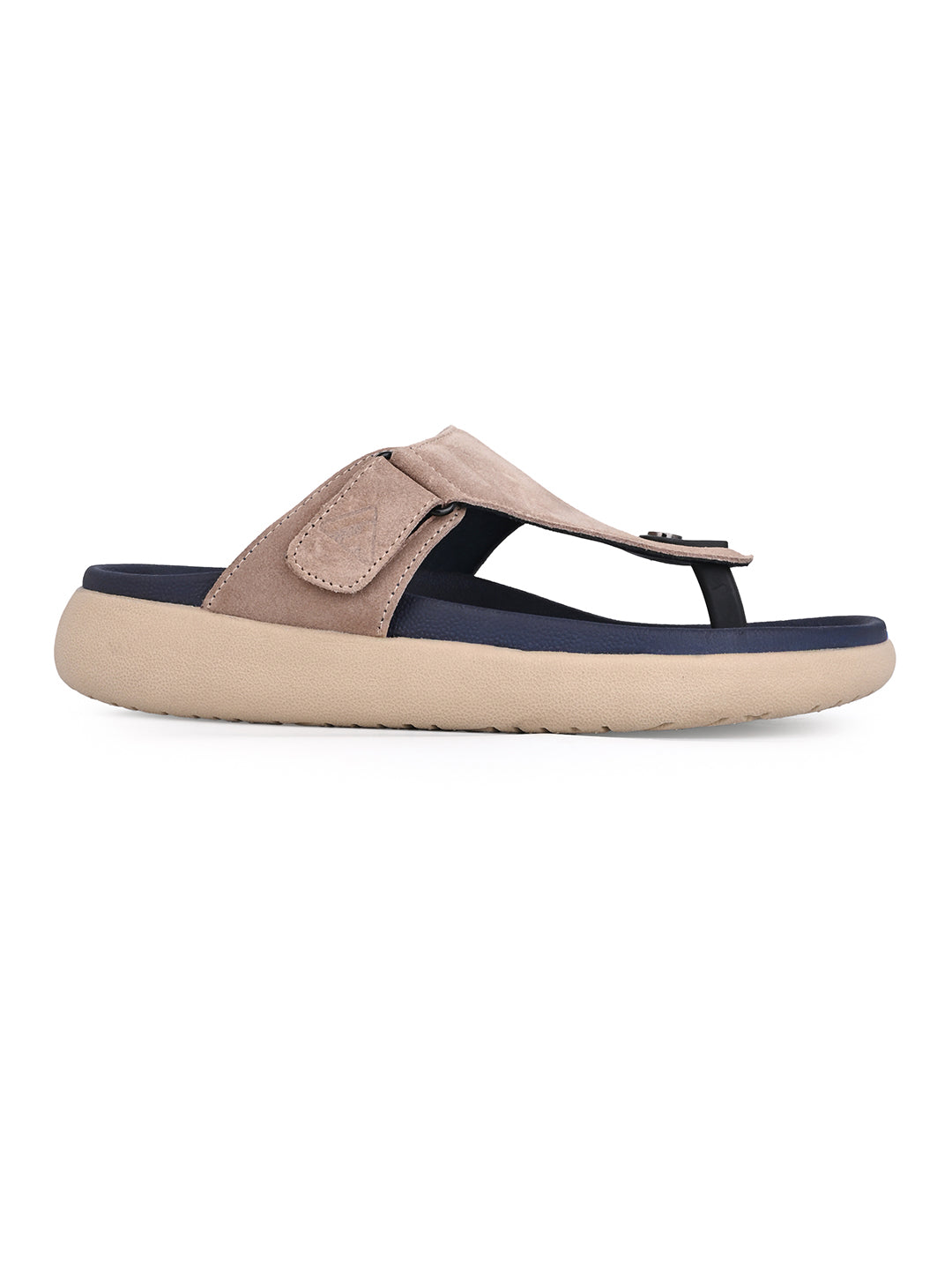 Men Beige Genuine Suede Leather Adjustable T-Strap Comfort Slippers