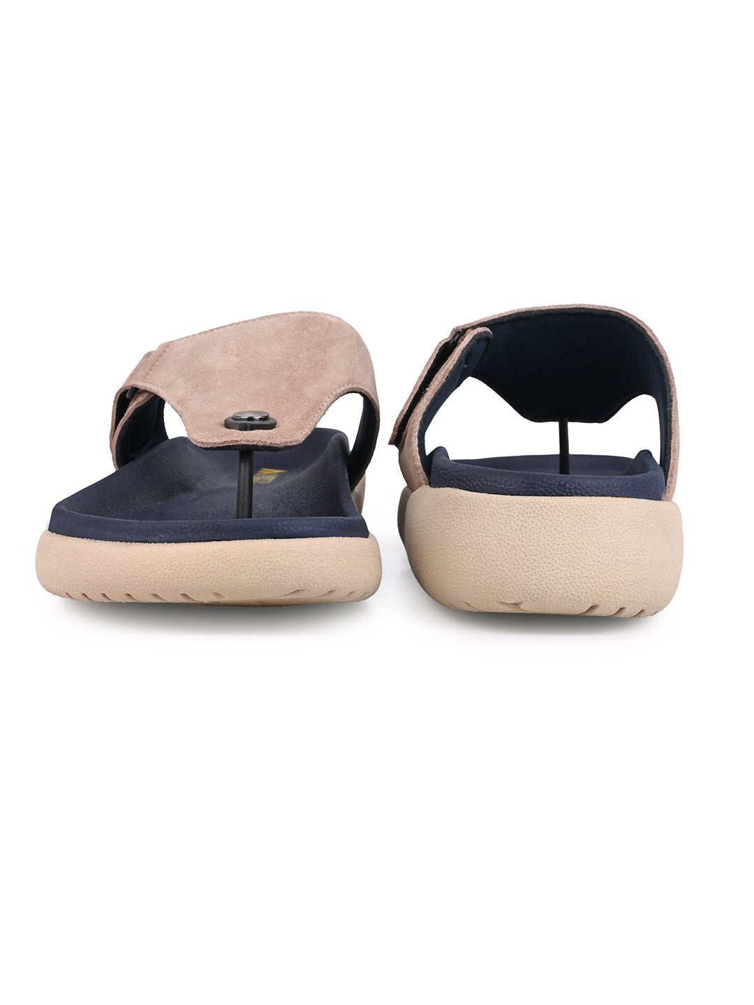 Men Beige Genuine Suede Leather Adjustable T-Strap Comfort Slippers