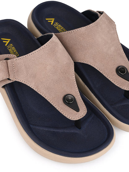 Men Beige Genuine Suede Leather Adjustable T-Strap Comfort Slippers