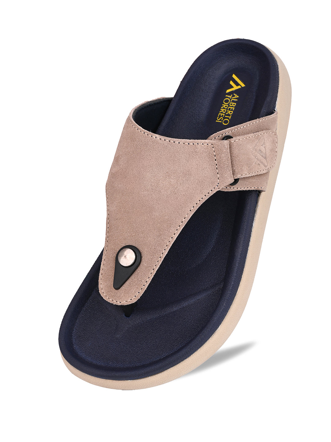 Men Beige Genuine Suede Leather Adjustable T-Strap Comfort Slippers