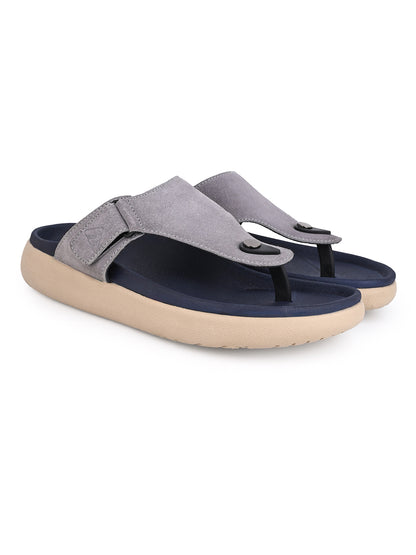 Men Grey Genuine Suede Leather Adjustable T-Strap Comfort Slippers