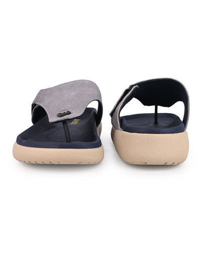 Men Grey Genuine Suede Leather Adjustable T-Strap Comfort Slippers