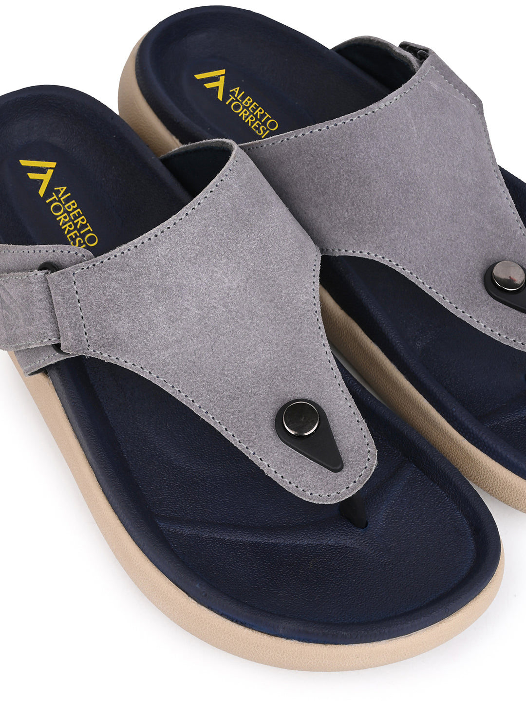 Men Grey Genuine Suede Leather Adjustable T-Strap Comfort Slippers