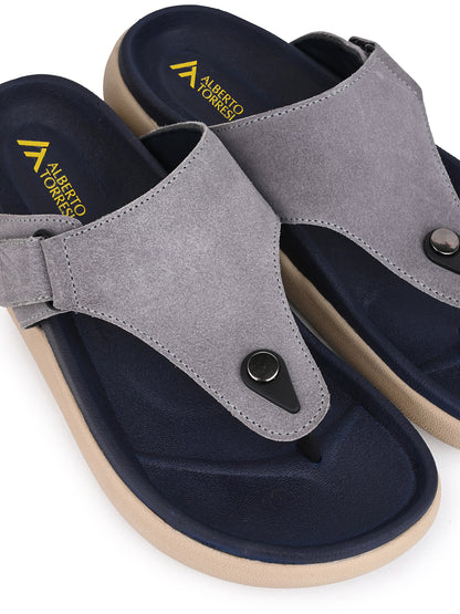 Men Grey Genuine Suede Leather Adjustable T-Strap Comfort Slippers