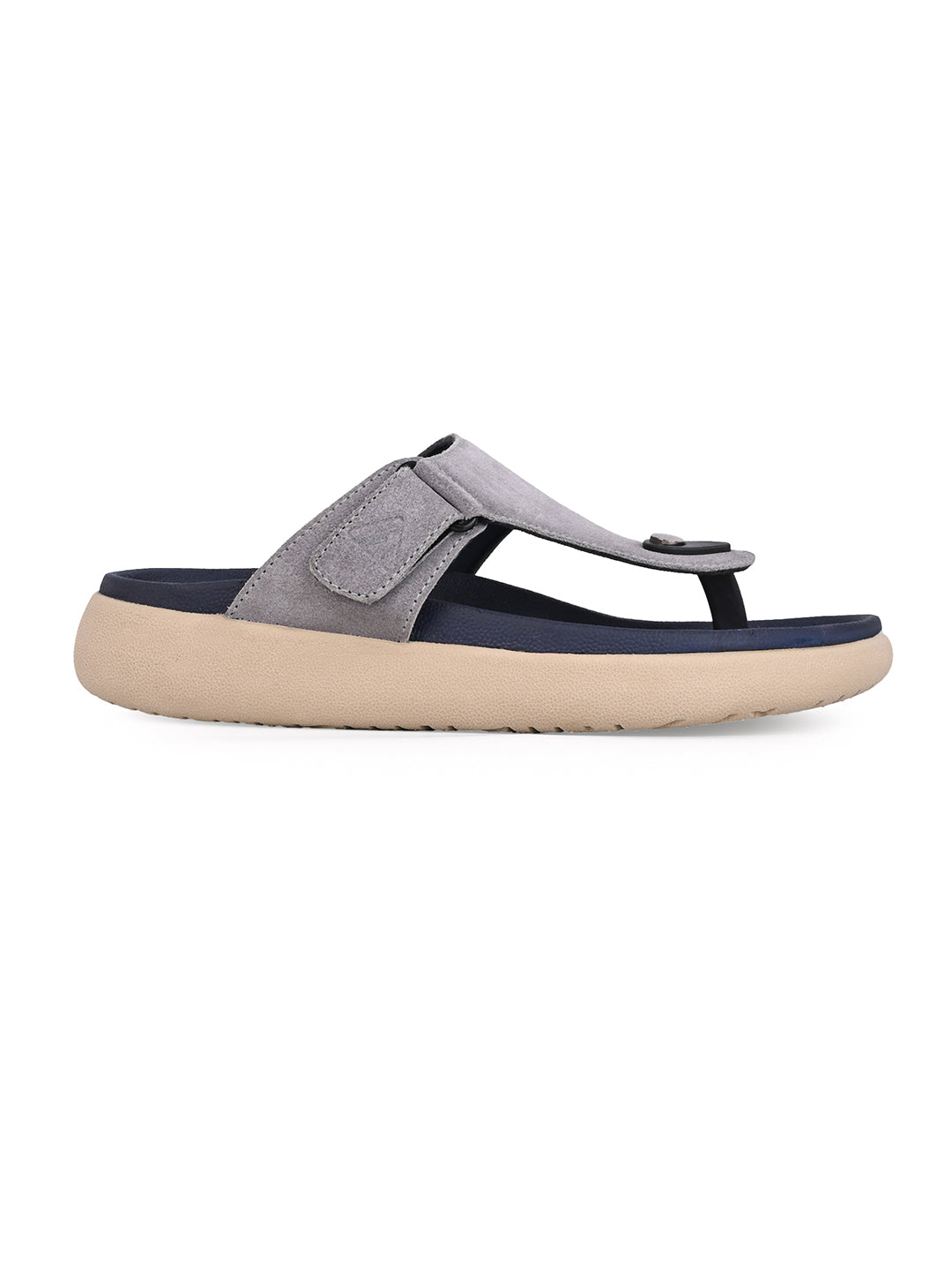 Men Grey Genuine Suede Leather Adjustable T-Strap Comfort Slippers