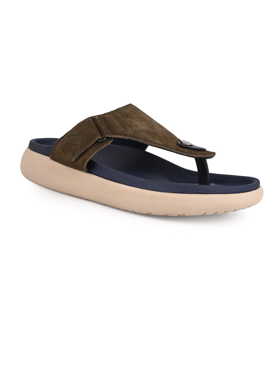 Men Olive Genuine Suede Leather Adjustable T-Strap Comfort Slippers