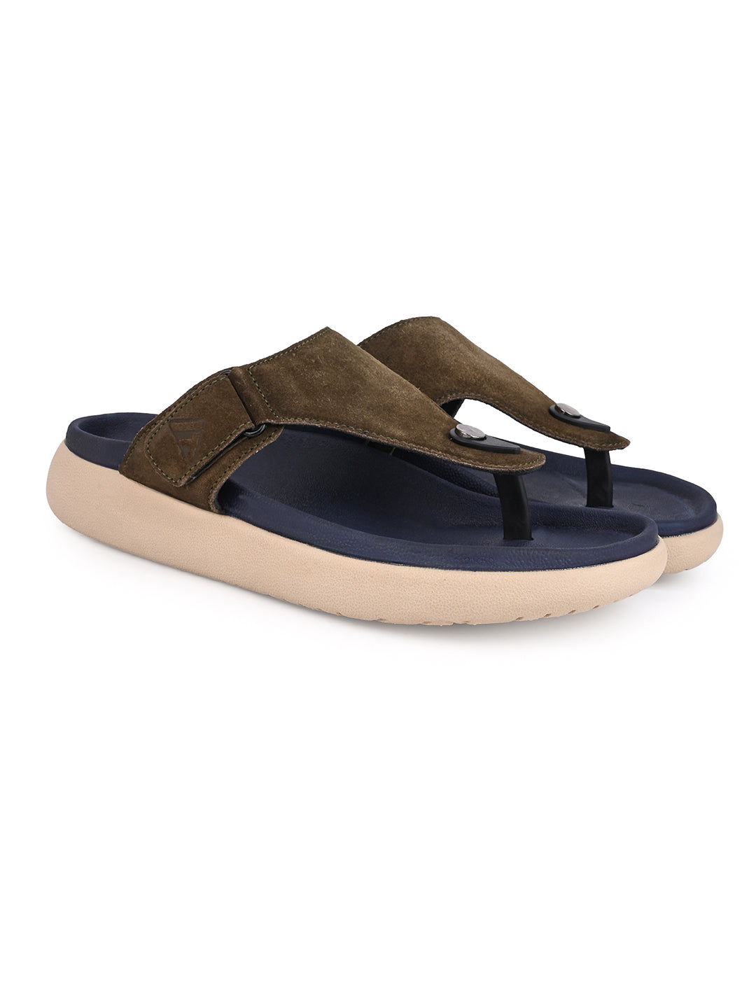 Men Olive Genuine Suede Leather Adjustable T-Strap Comfort Slippers