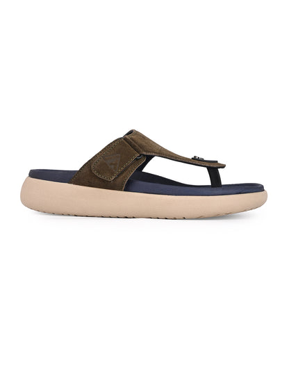 Men Olive Genuine Suede Leather Adjustable T-Strap Comfort Slippers