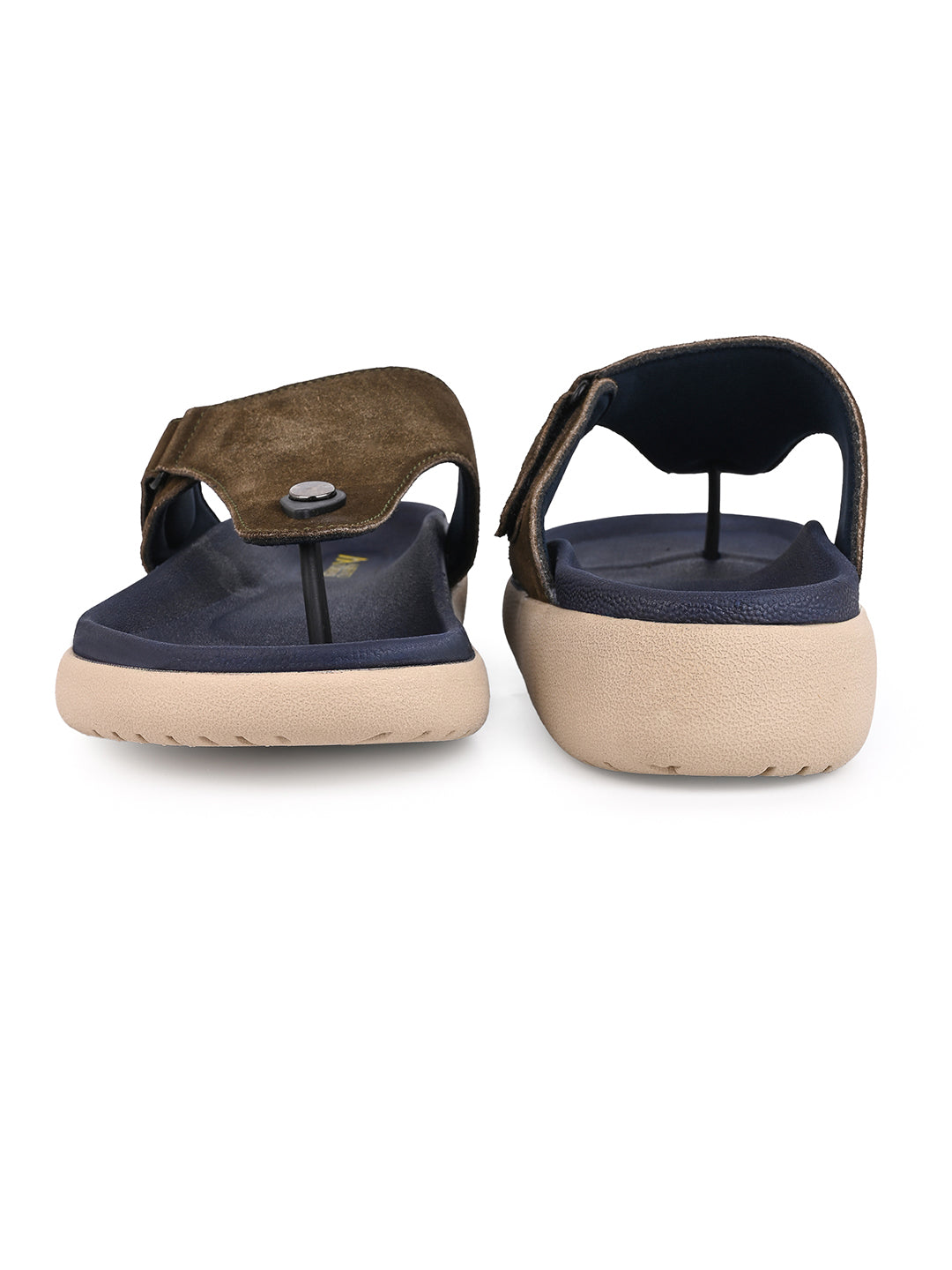 Men Olive Genuine Suede Leather Adjustable T-Strap Comfort Slippers