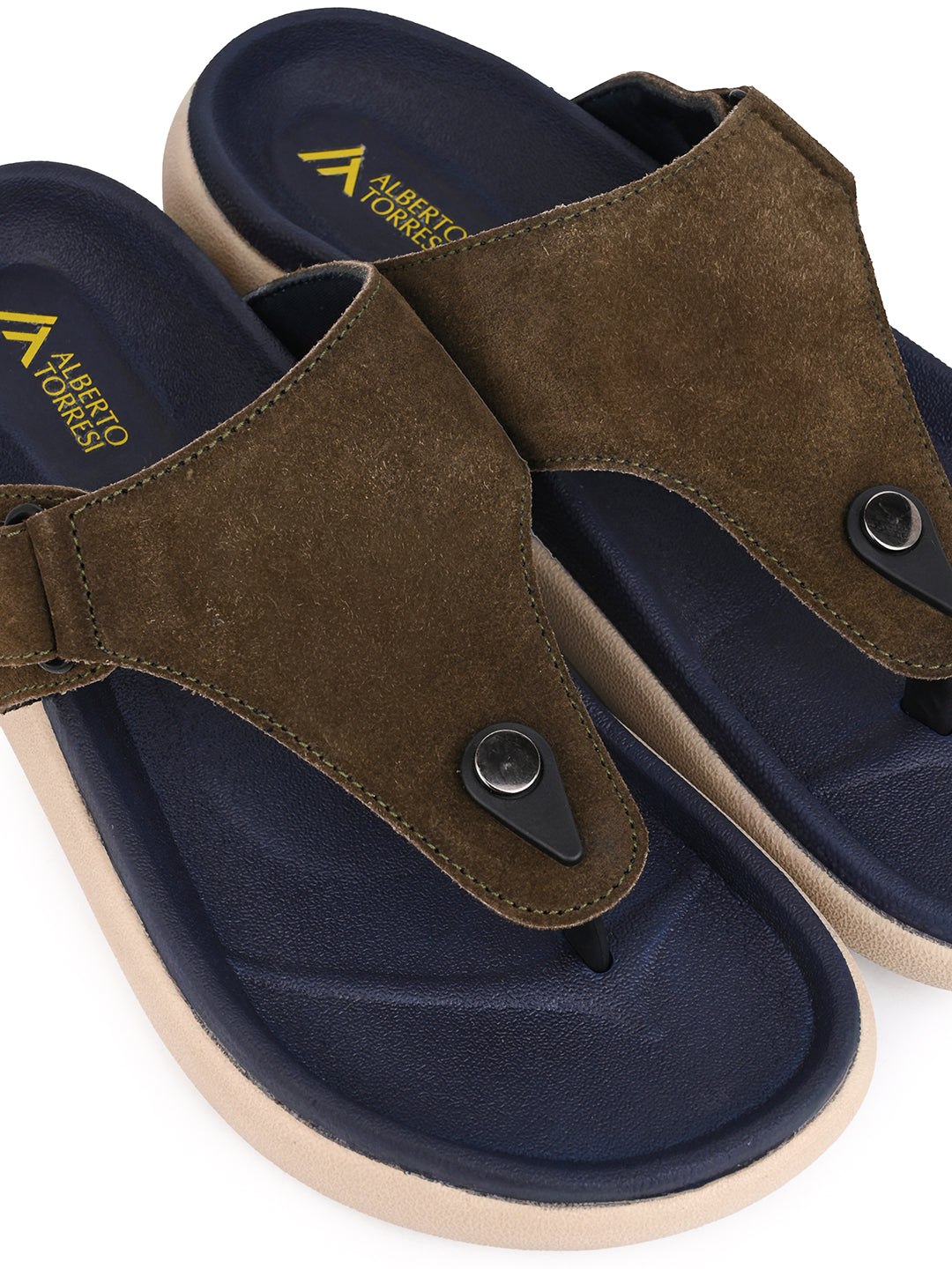 Men Olive Genuine Suede Leather Adjustable T-Strap Comfort Slippers