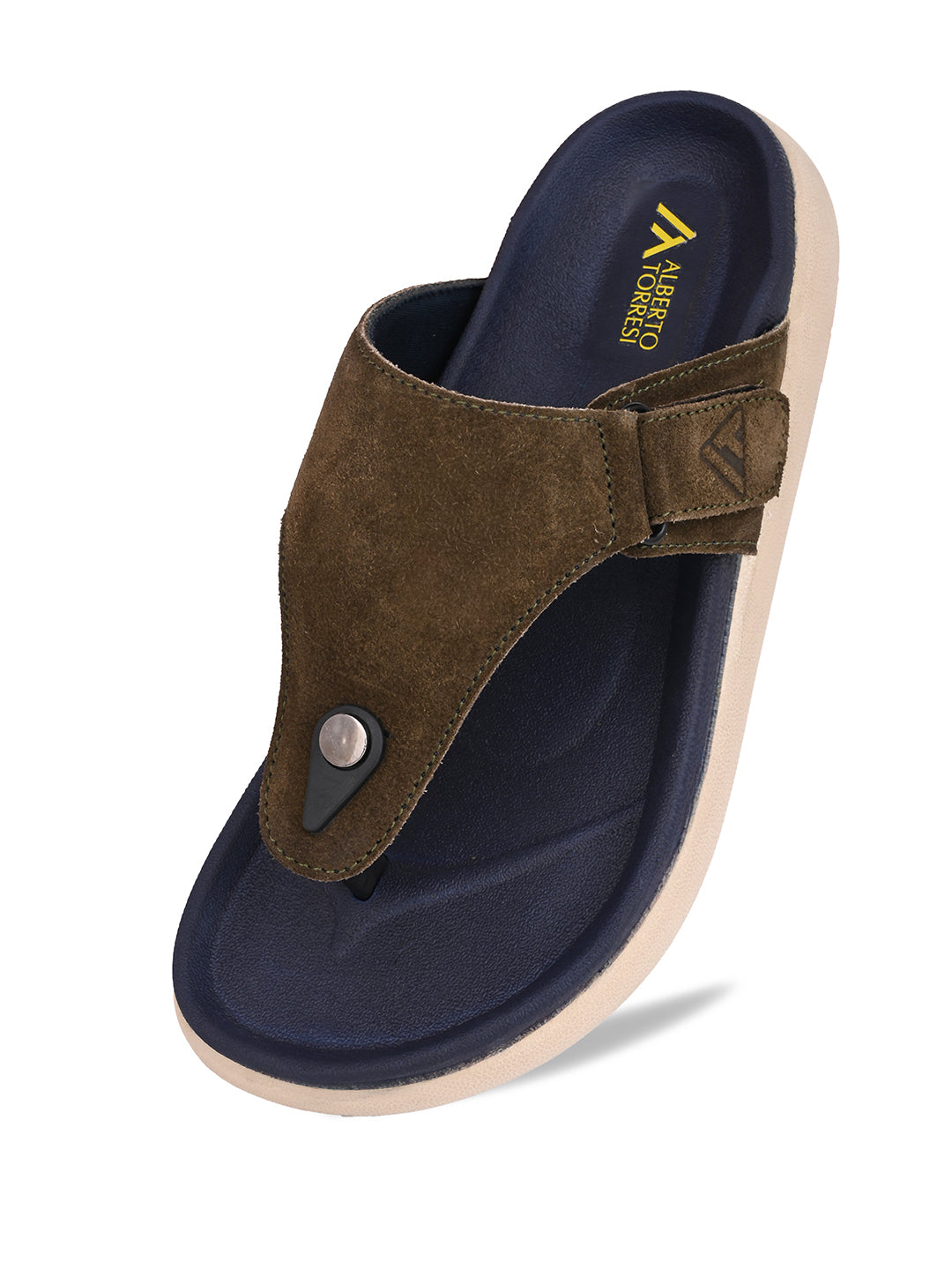 Men Olive Genuine Suede Leather Adjustable T-Strap Comfort Slippers