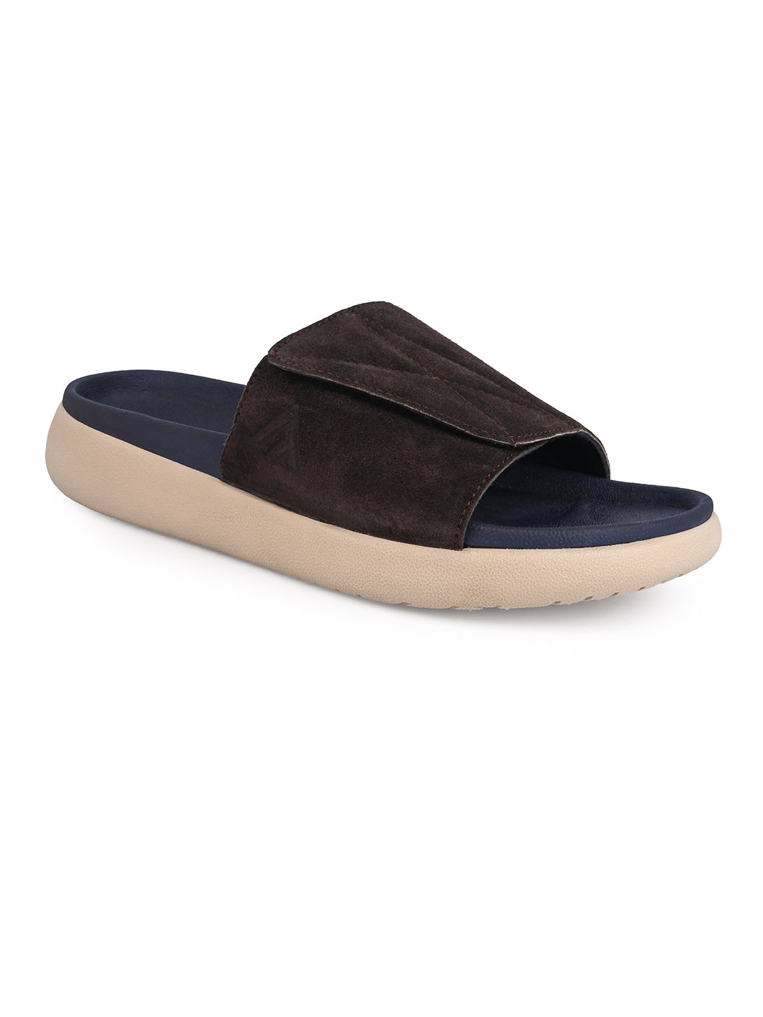 ALBERTO TORRESI Men Brown Suede Leather Adjustable Velcro Strap Comfort Slides