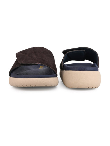 ALBERTO TORRESI Men Brown Suede Leather Adjustable Velcro Strap Comfort Slides