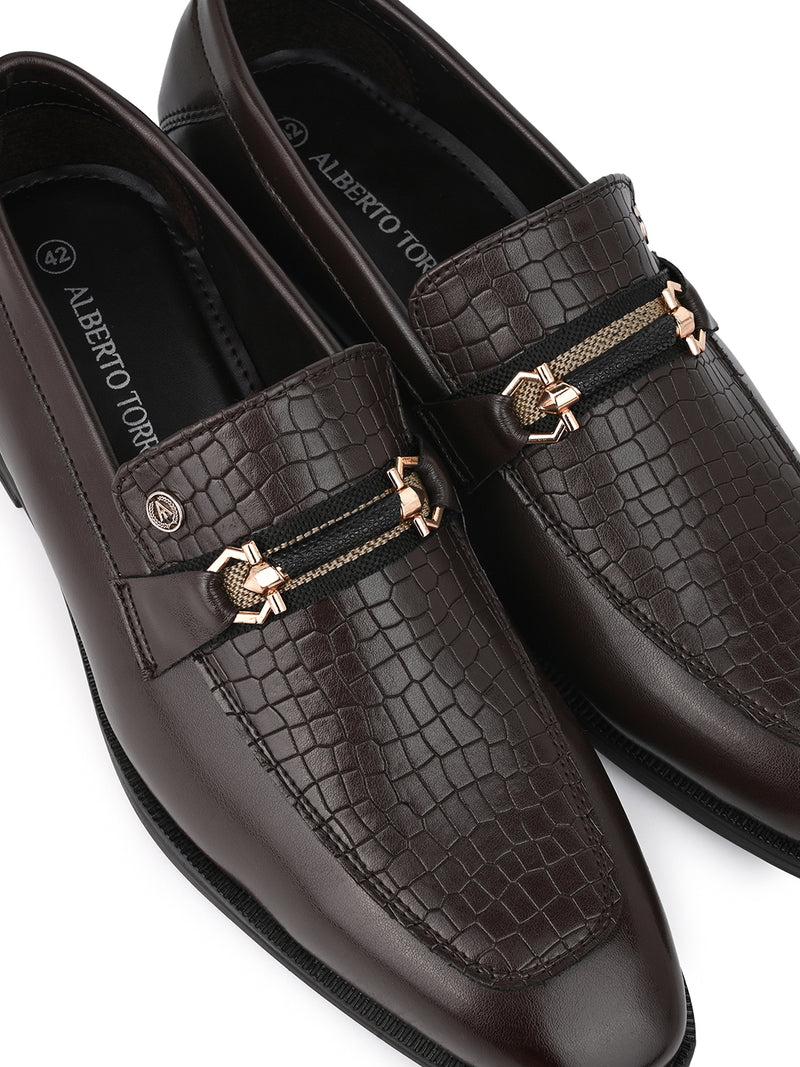 Calabria Brown Loafers for Men - Buckle Slip-On Dress Shoes for Casual & Party Wear