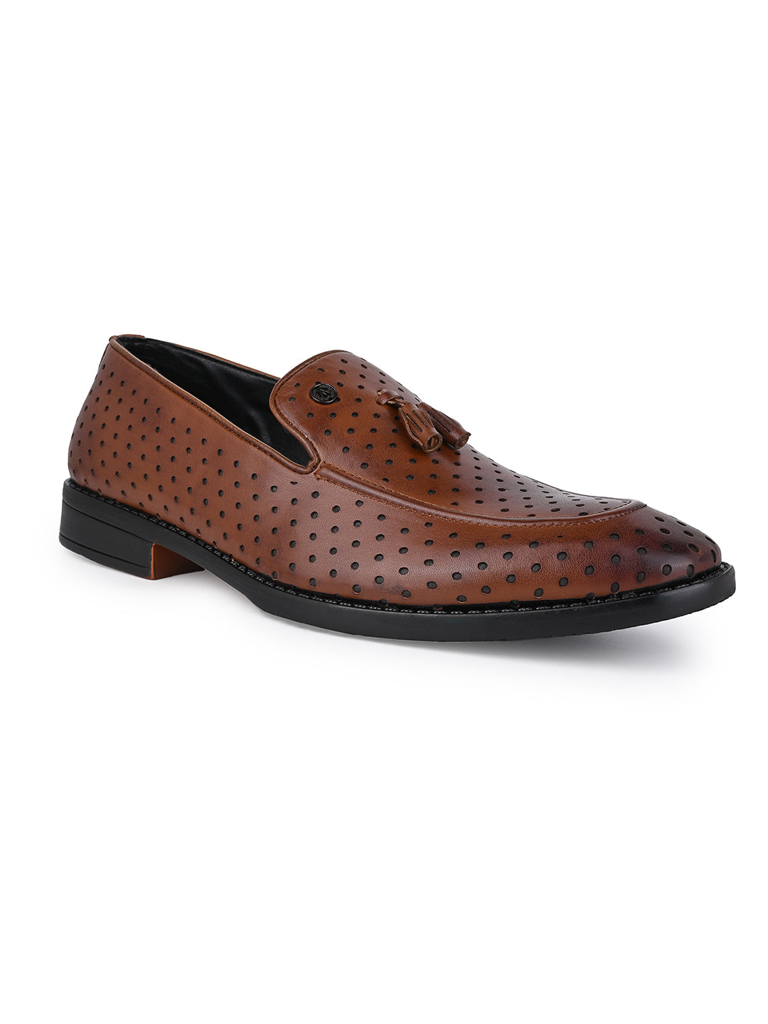 Men Perforated Tan Faux Leather Slip-On Tassel Loafers with Metallic Brand Logo