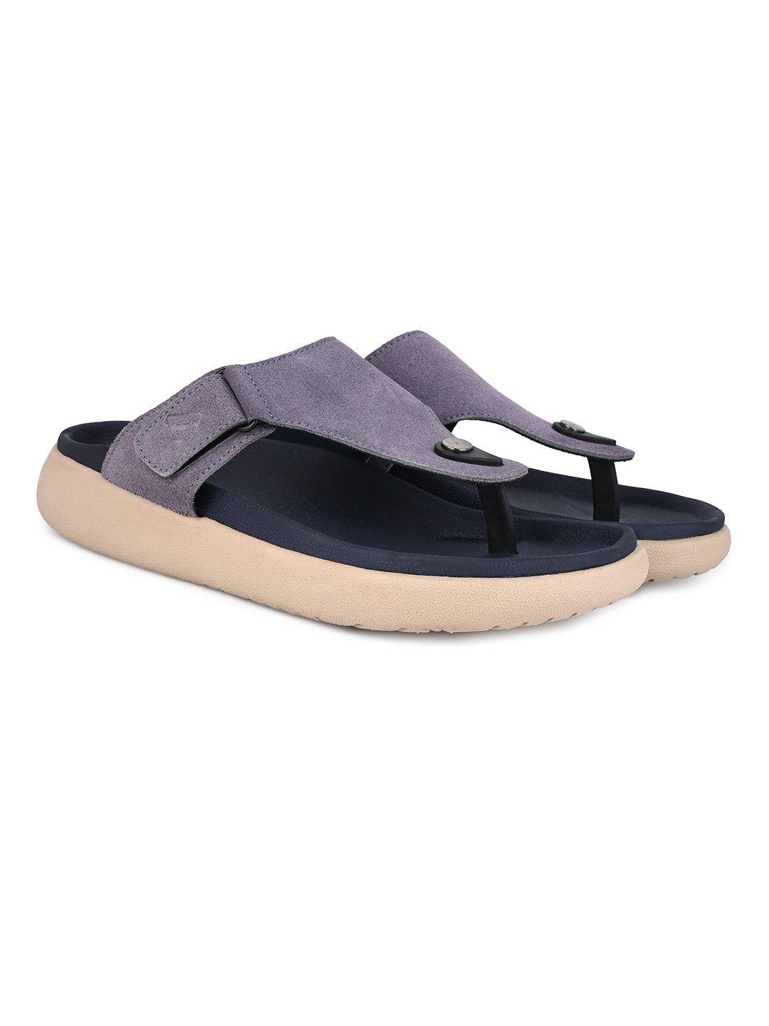 Men Mauve Genuine Suede Leather Adjustable T-Strap Comfort Slippers