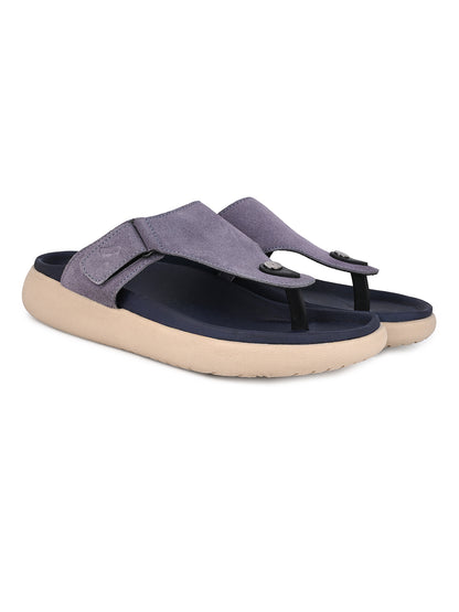 Men Mauve Genuine Suede Leather Adjustable T-Strap Comfort Slippers