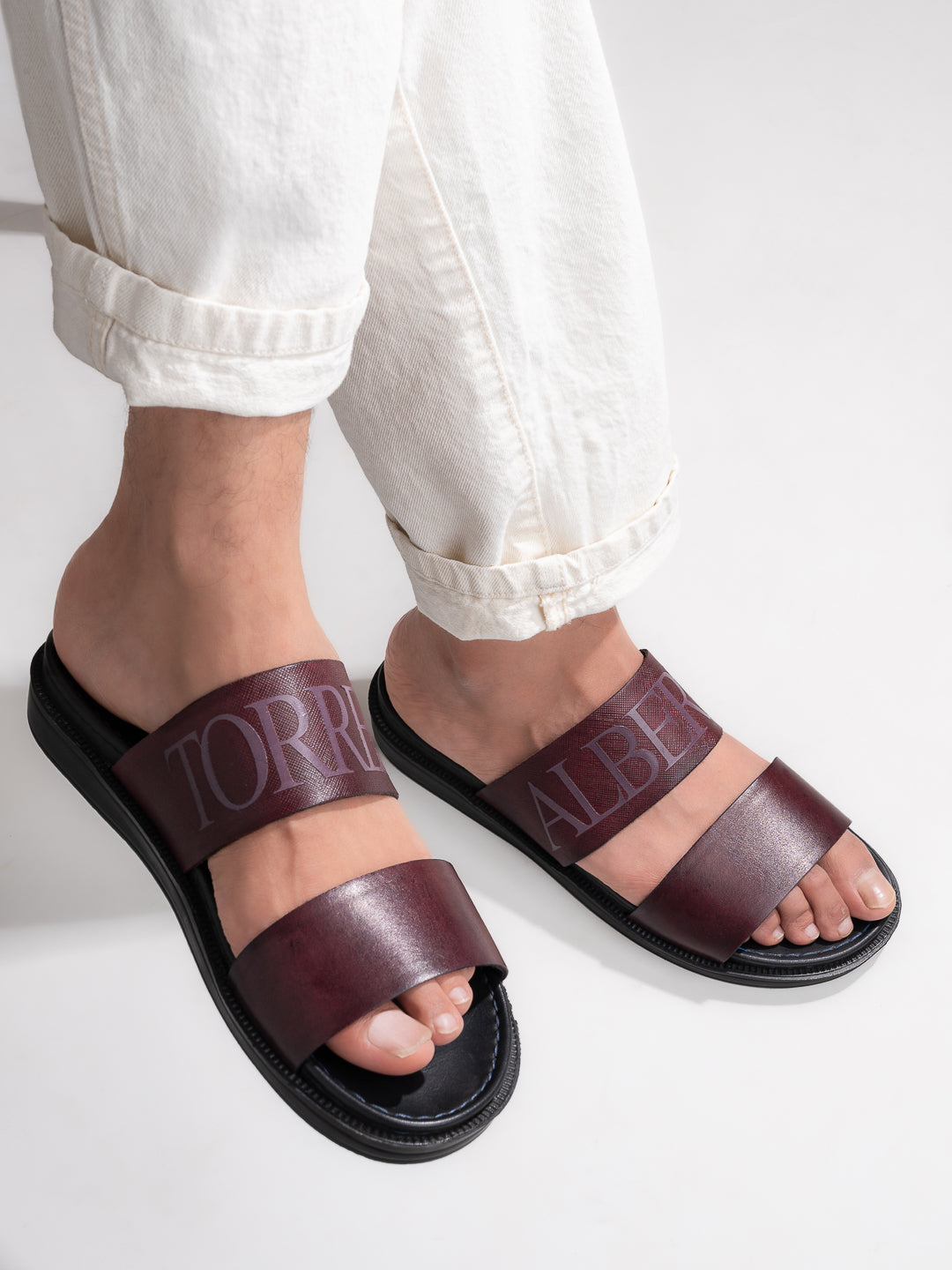 Alberto Torresi PVC Printed Branding Textured Bordo Leather Men Slippers