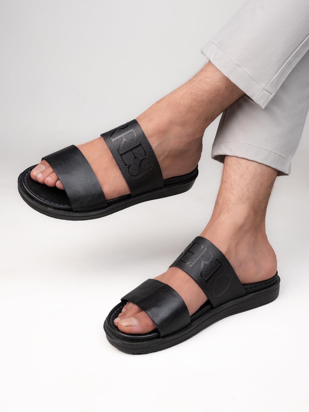 Alberto Torresi PVC Printed Branding Textured Black Leather Men Slippers