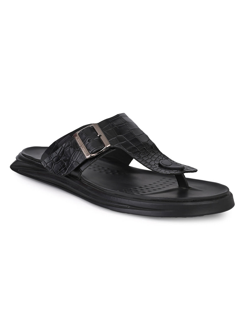 Capri Black Leather Thong Slippers for Men - Adjustable Buckle Slippers for Casual & Everyday Wear