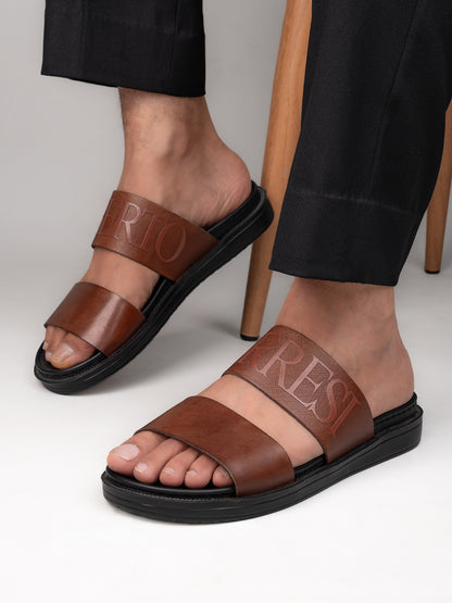 Alberto Torresi PVC Printed Branding Textured Tan Leather Men Slippers