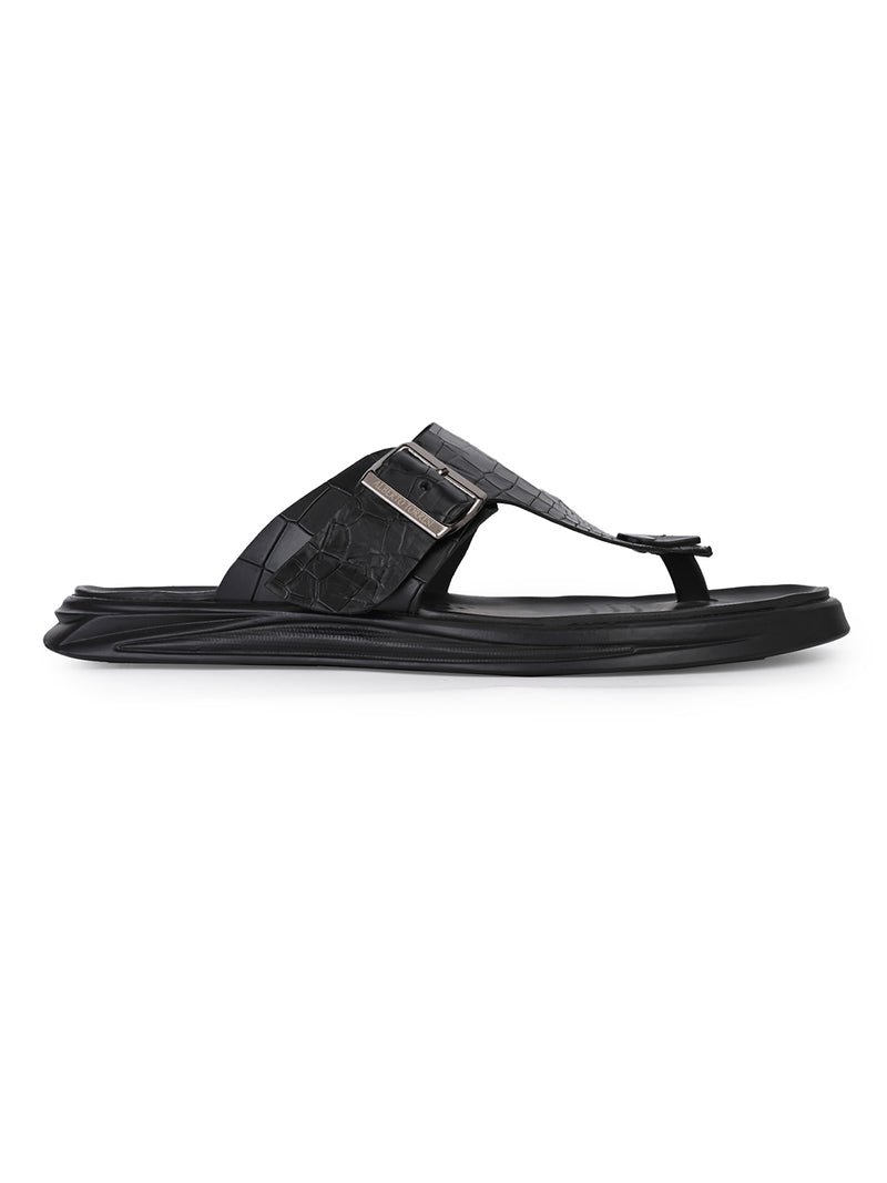 Capri Black Leather Thong Slippers for Men - Adjustable Buckle Slippers for Casual & Everyday Wear