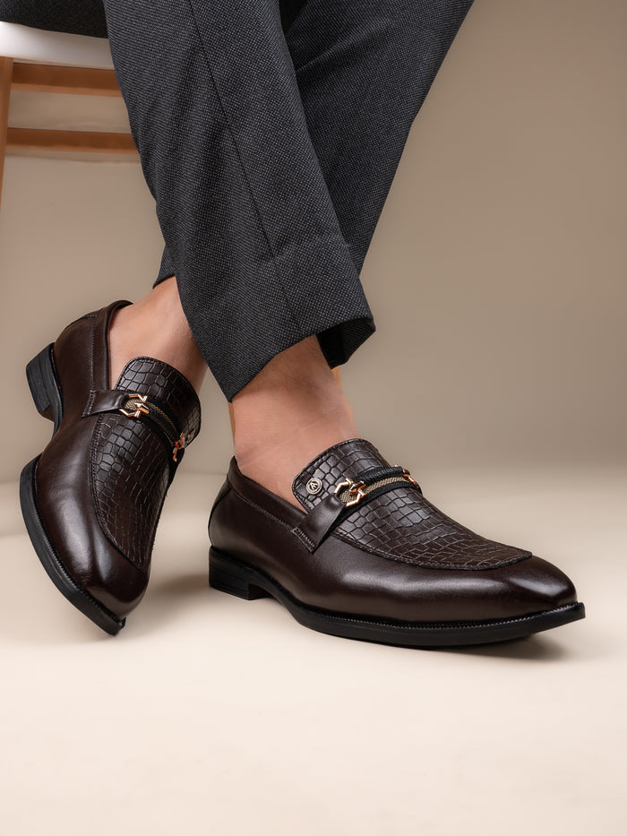 Calabria Brown Loafers for Men - Buckle Slip-On Dress Shoes for Casual & Party Wear
