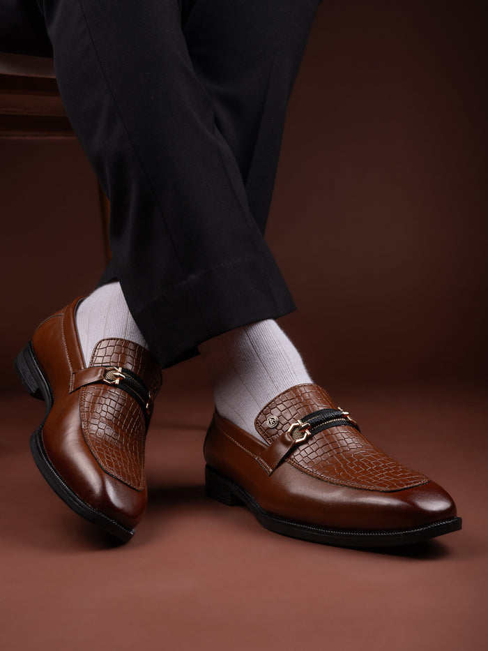 Calabria Tan Loafers for Men - Buckle Slip-On Dress Shoes for Casual & Party Wear