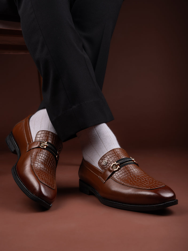 Calabria Tan Loafers for Men - Buckle Slip-On Dress Shoes for Casual & Party Wear
