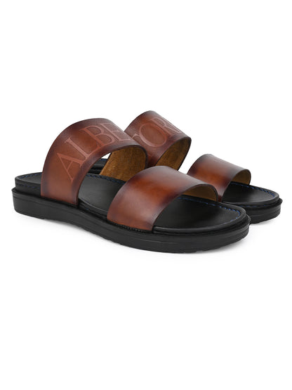 Alberto Torresi PVC Printed Branding Textured Tan Leather Men Slippers