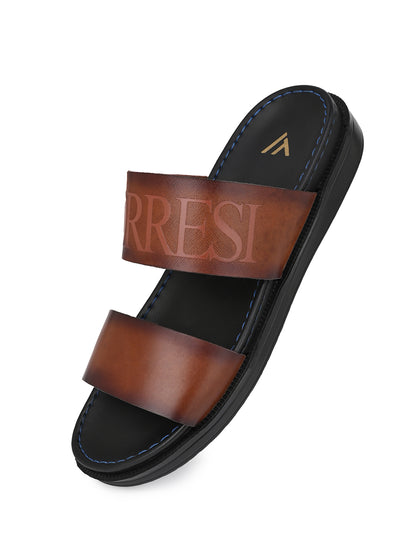 Alberto Torresi PVC Printed Branding Textured Tan Leather Men Slippers
